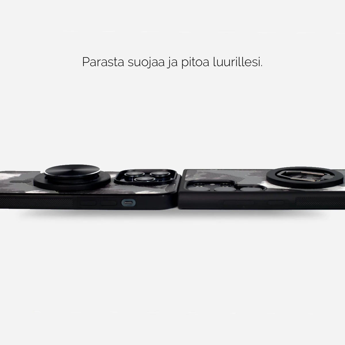 Kuva tyylikkäästä LASTU x RATIA - Puuska -kamerasta ja siinä on kaksi objektiivia. Design puhelimen kuoret RATIA kuosit.